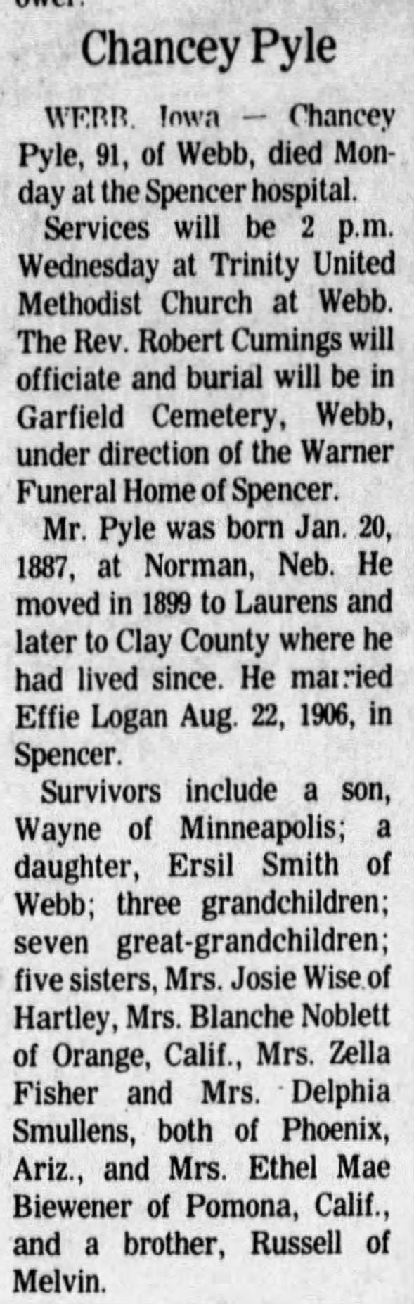Obituary for Chancey Pyle (Aged 91)